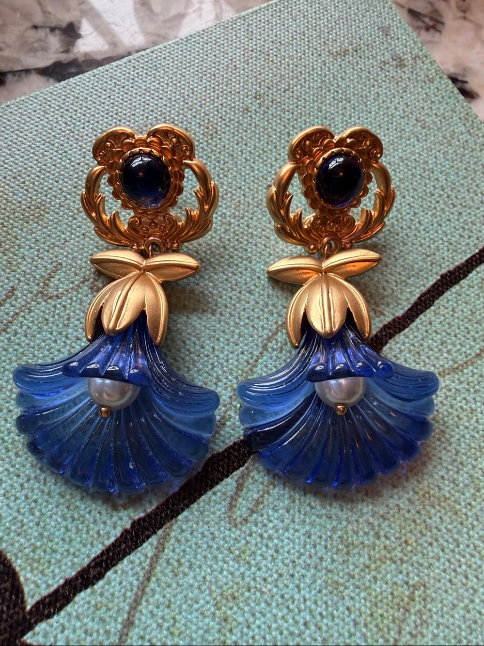 RARE KJL Blue Morning Glory Trumpet Flower Earrings – NWOT Original Pierced - Picture 5 of 8